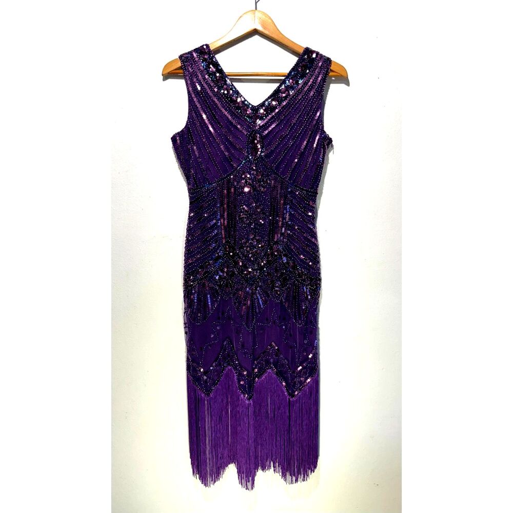 AMJM flapper retro dress fringe hem sequin embellish purple costume party womenS